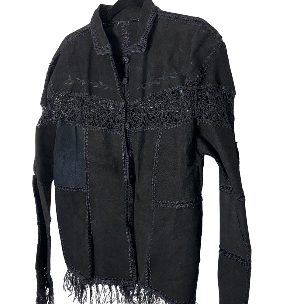 Black Suede Patchwork Crochet Lace Fringe Boho Jacket Womens No size tag M/L fit